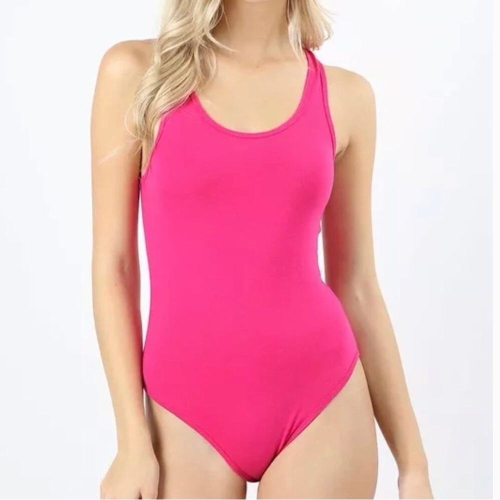 Zenana Hot Pink Cotton Racerback Basic Bodysuit Full Coverage Bottom  NWT